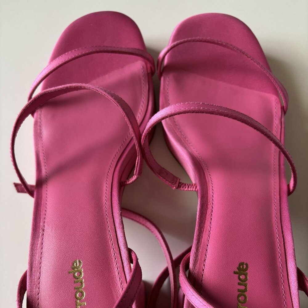 Larroude Size 9 Hot Pink Strappy Platform Block Heel Sandal Gio Sandal Satin - Picture 9 of 12
